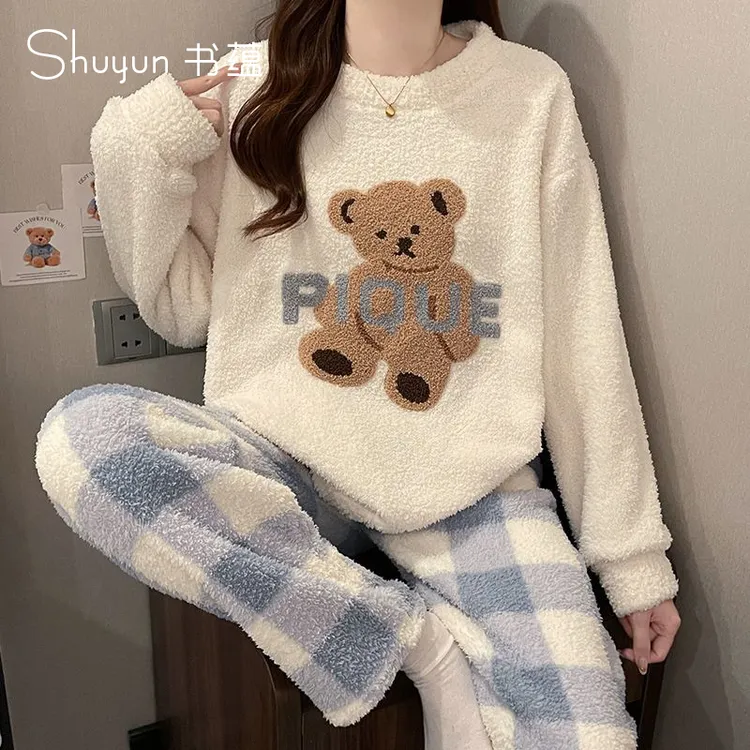 冬季半边绒睡衣女棕色小熊加厚保暖长袖两件套外穿可爱学生家居服