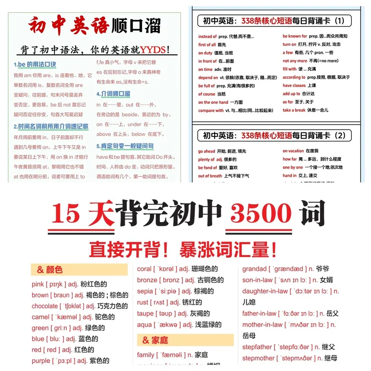 初中英语必背语法顺口溜3500词完整版A4塑封反复背诵带音标卡片