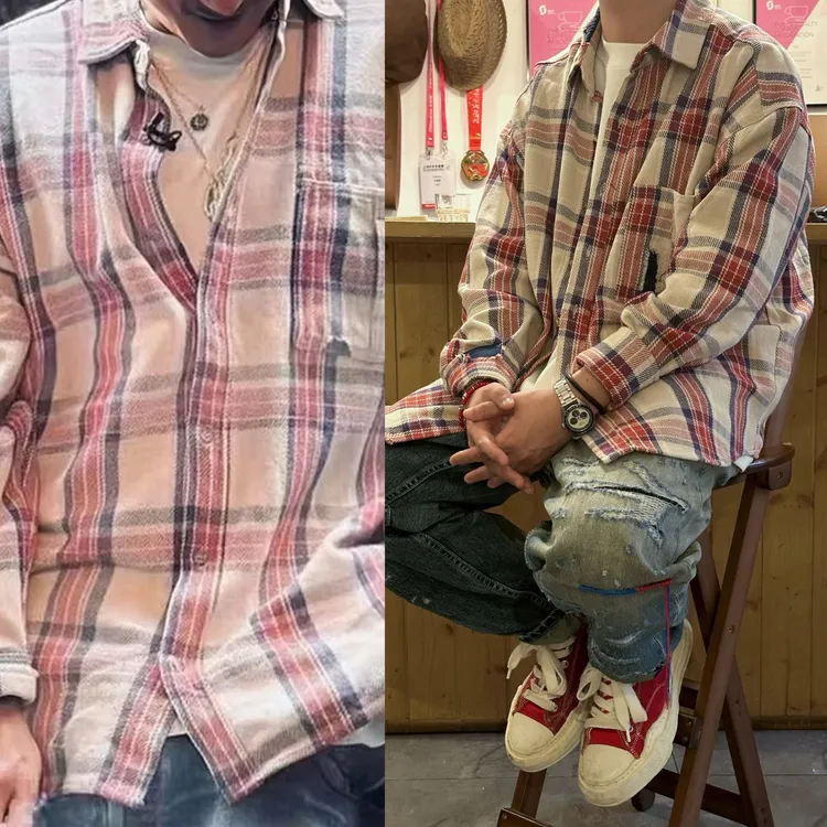 大码300斤厚款日系复古重磅补丁刀割格子衬衫廓形宽松格纹外套男
