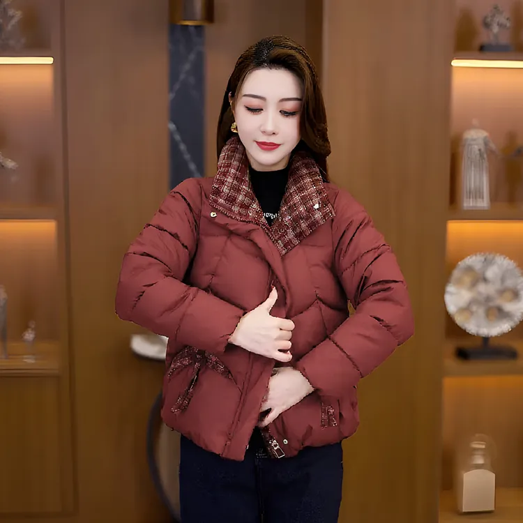 红色立领常规免烫拼接女保暖棉服棉衣时尚秋冬小棉冬装