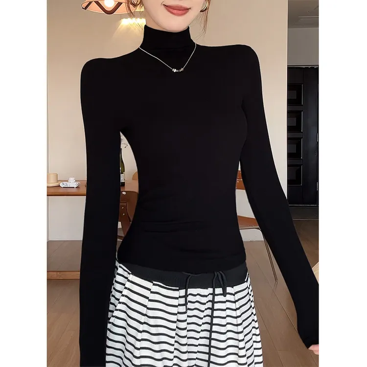 黑色高领螺纹正肩收腰秋冬高级感修身显瘦长袖女气质磨毛打底衫女