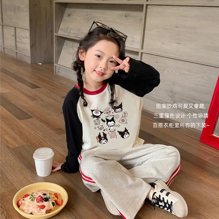 女童春秋装纯棉长袖t恤2025新款中大童洋气印花上衣儿童秋季拼色T