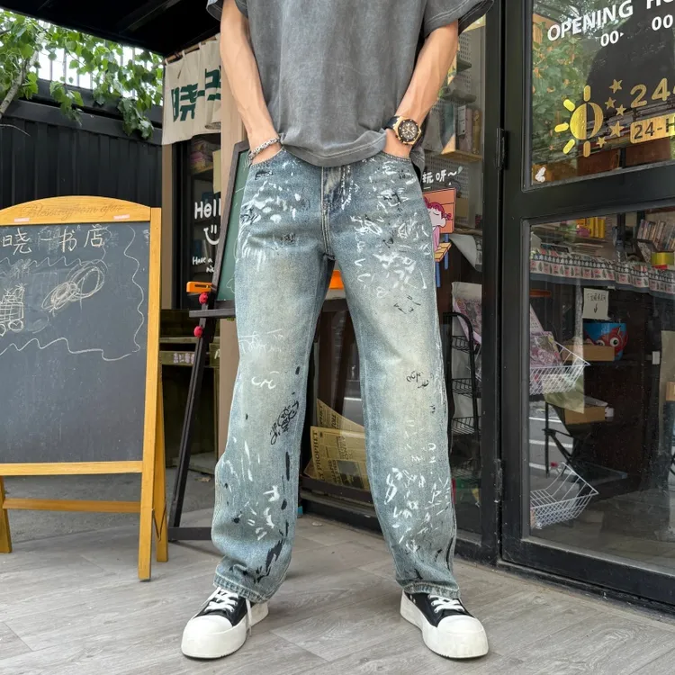 印花个性涂鸦牛仔裤宽松百搭阔腿潮牌时尚弯刀长裤男士复古直筒裤