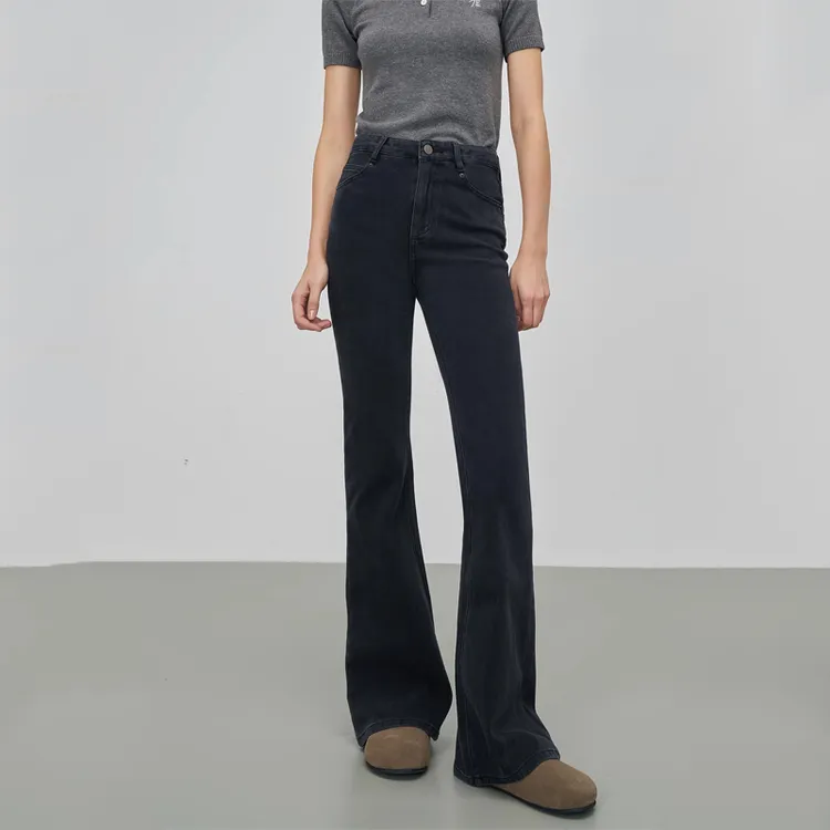 高腰显瘦马蹄微喇牛仔裤女2025春季新款小个子拖地显瘦黑色牛仔裤