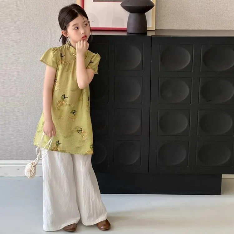 现货夏季女童复古刺绣旗袍裙阔腿裤套装汉服中式儿童夏装宽松上衣