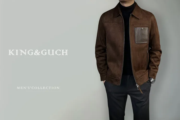 KING&GUCH【鹿皮绒拼皮】秋季2025新款男士翻领百搭休闲夹克50372