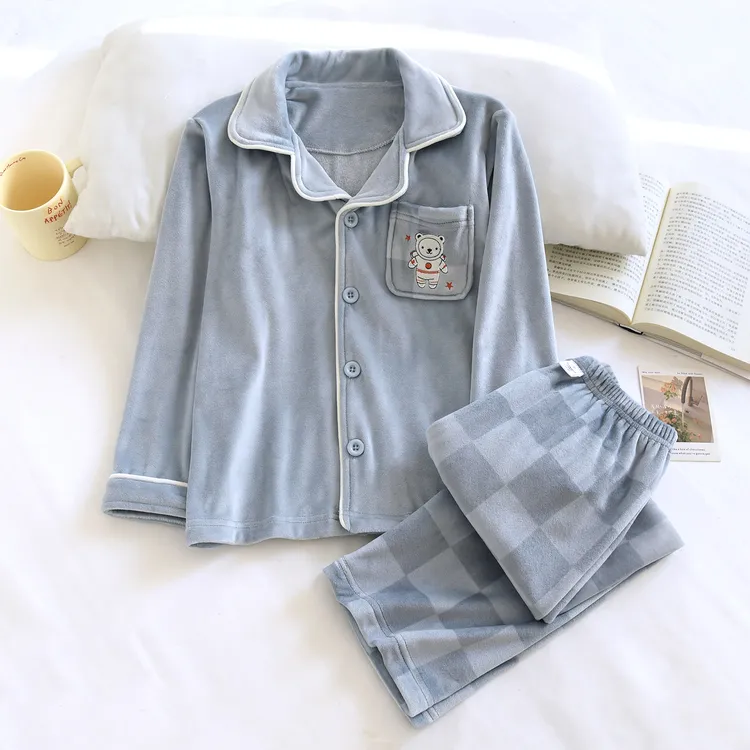 米筱米儿童秋冬加厚海岛绒睡衣套可爱太空小熊男童宝宝保暖家居服