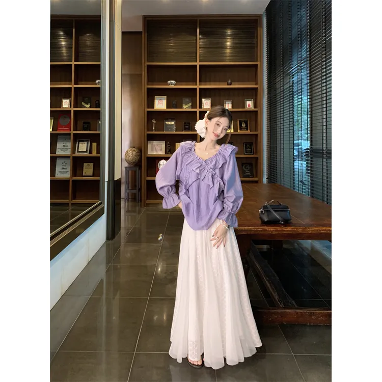 法式荷叶边一字领上衣小衫仙气白色蕾丝拼接网纱大摆半身裙两件套