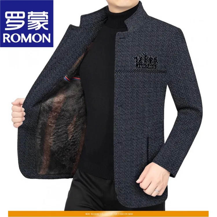 罗蒙高档秋冬季加绒男士立领休闲西装夹克外套商务休闲西服中山装