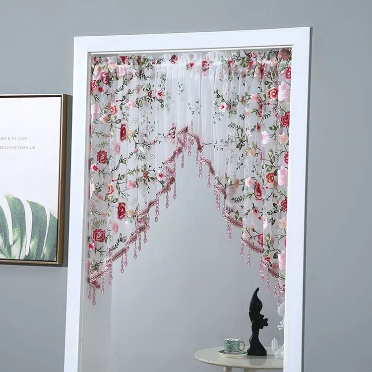 法式门帘复古刺绣蕾丝短帘氛围感半帘免打孔门帘走廊门对门隔断帘