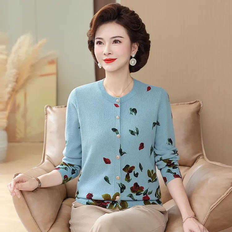 2025新款洋气妈妈保暖中老年全羊毛秋冬洋气数码印花针织毛衣开衫