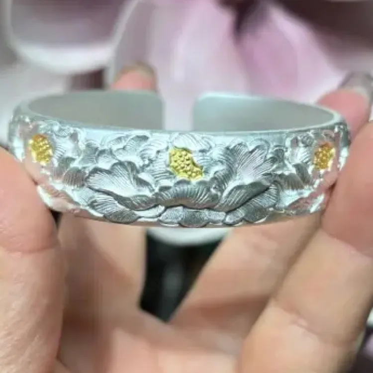 足银手镯 足银手镯 足银999国风牡丹手工錾刻开口镯女款时