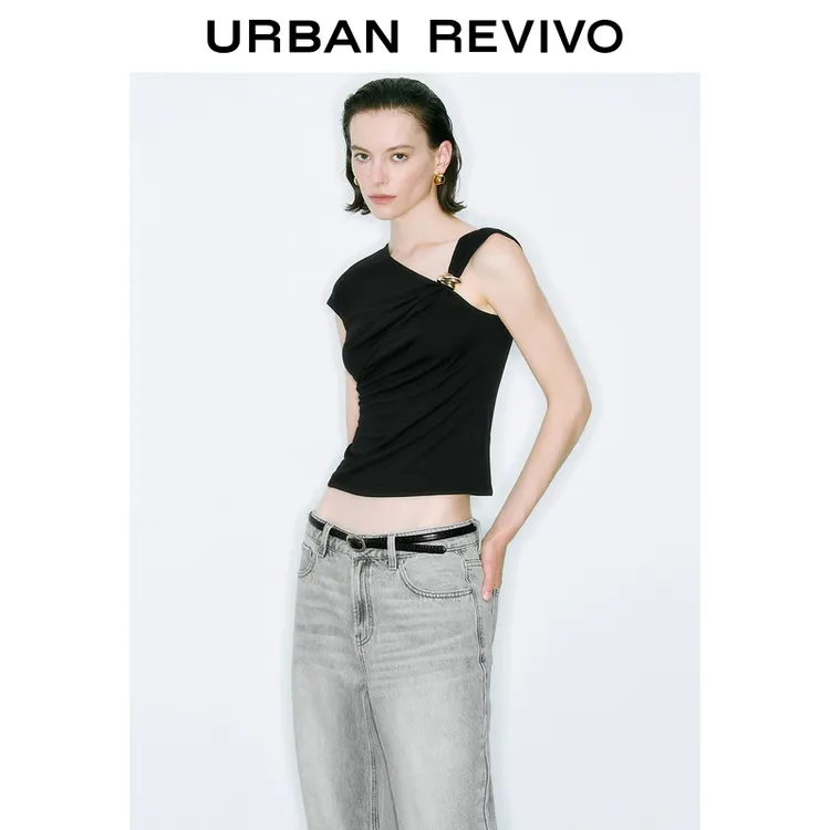 UR2025夏季新款女装魅力气质修身金属装饰斜肩领T恤UWG450108