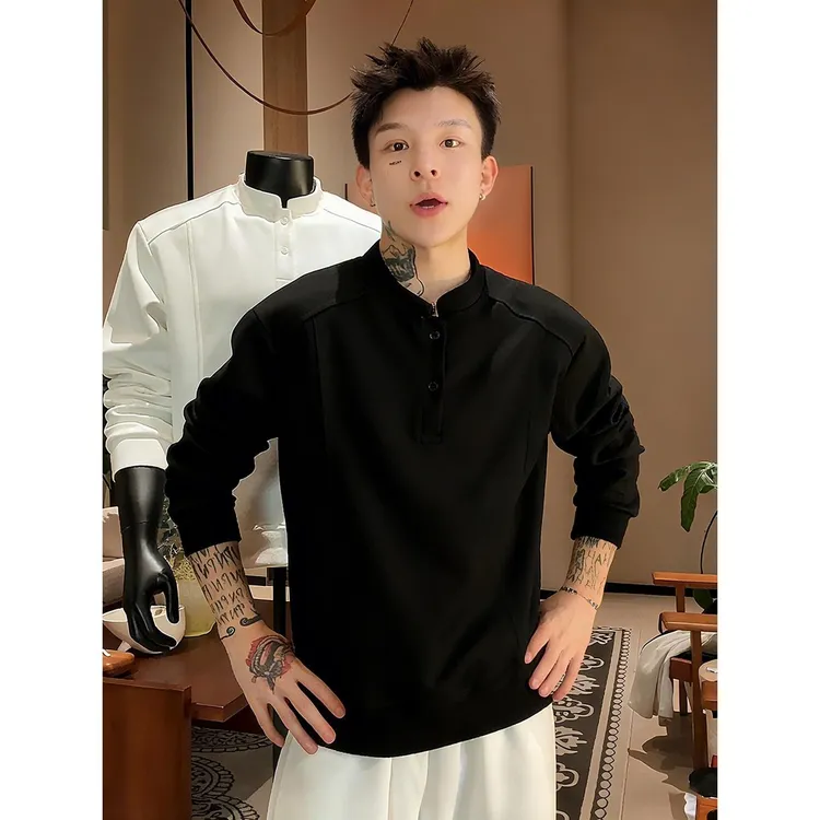 黑色美式亨利领加绒卫衣男秋冬加厚长袖POLO衫cleanfit内搭打底衫