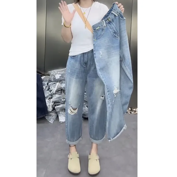 牛仔裤春夏季高腰显瘦百搭时尚弹力八分破洞牛仔裤
