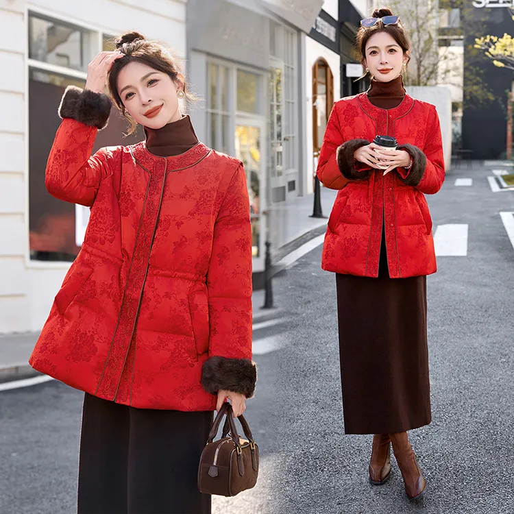 新中式国风羽绒服女冬季轻奢高级感复古提花收腰显瘦90白鸭绒外套
