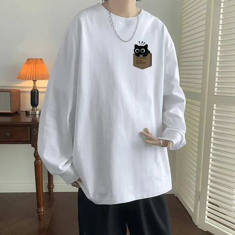 260g纯棉长袖t恤男女同款百搭新款港风复古口袋小猫印花半袖上衣