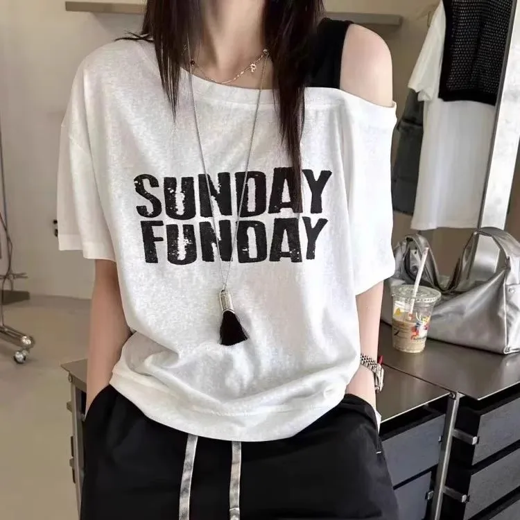 字母印花斜肩吊带设计感短袖T恤女夏季新款时尚百搭宽松上衣#3999