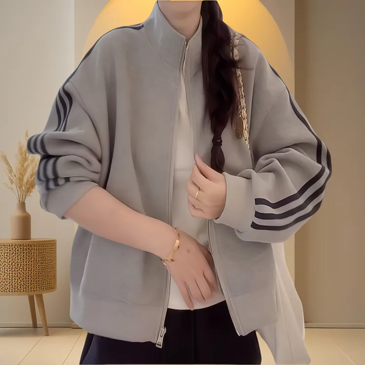 秋冬季新款女装禅意仙气飘飘三条杠条纹设计感立领正肩显瘦短外套