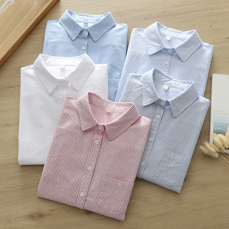 898全棉牛津纺长袖蓝色条纹衬衫女简约百搭设计感显瘦浅蓝色衬衫