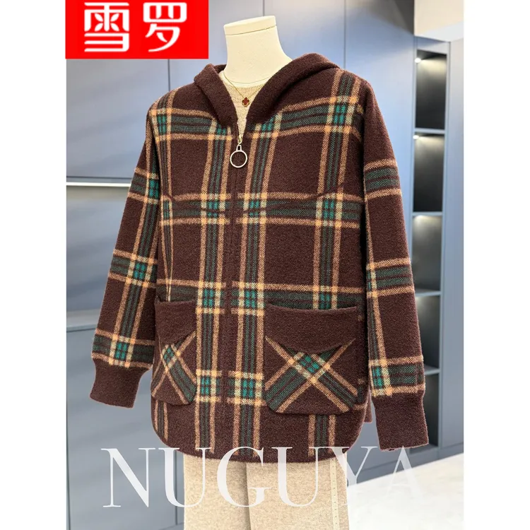 时尚休闲妈妈装格子外套女开衫秋冬新款上衣气质百搭中老年帽子衫