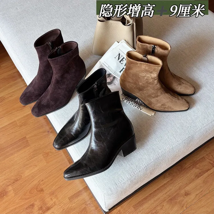九厘米尖头瘦瘦靴法式复古内增高短靴百搭显瘦气质软底软面通勤