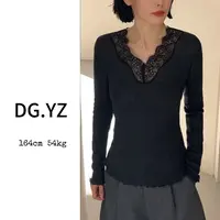 【樱子家】2976F新款拼接蕾丝V领百搭修身显瘦长袖上衣