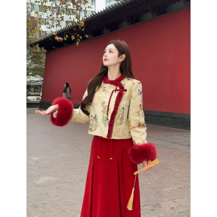 【锦绣年华】<77>新中式提花撞色拼毛羽绒外套+马面裙XMZH11043
