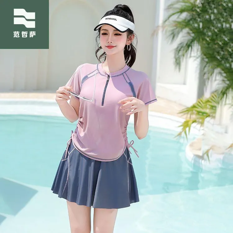 范哲萨 泳衣女2025新款分体式保守泡温泉女孩遮肚显瘦平角运动游