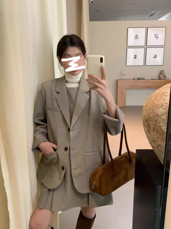 韩系高级感气质套装针织衫西装外套女装秋季百褶背心连衣裙两件套