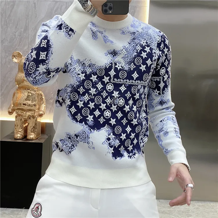 2025秋冬针织衫男轻奢新品时尚圆领印花毛衣修身长袖打底衫潮5067