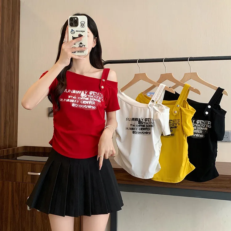 2025夏装新款胖mm大码女时尚别致印花字母露肩弧形短袖T恤A1756