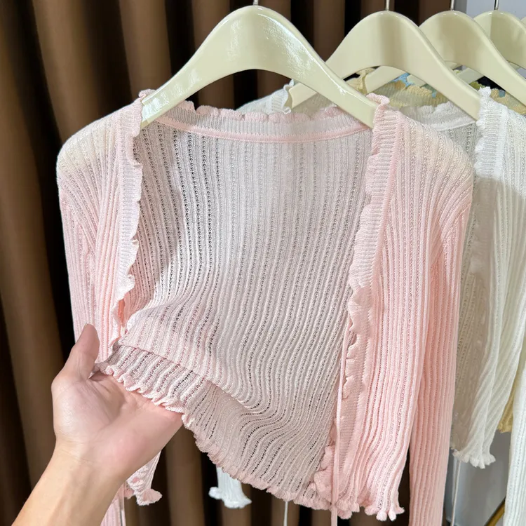 针织纯欲绑带薄款开衫女夏季吊带裙外搭冰丝微透防晒罩衫短款上衣