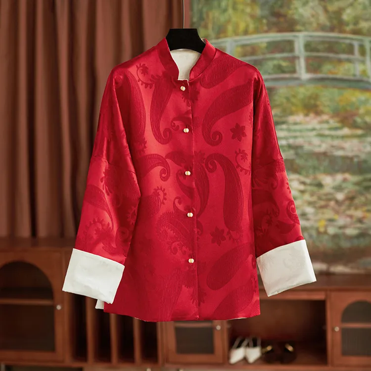 深圳南油时髦新中式外套提花真丝冠乐绉双面穿棉服中国风红色上衣