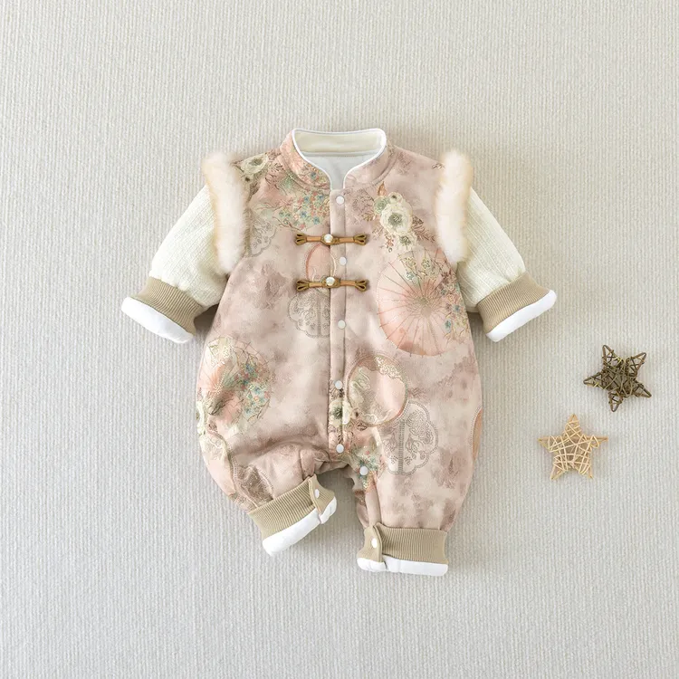 婴儿衣服秋冬季连体哈衣中国风夹棉200g棉衣女宝时尚外穿男宝爬服