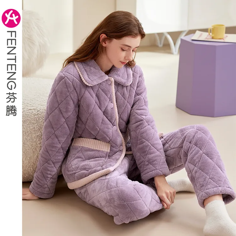 芬腾毛茸茸三层夹棉睡衣女冬套装冬天加厚长袖棉袄保暖大码家居服