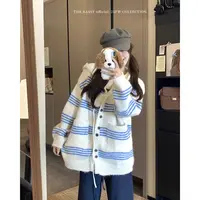 秋季新款韩系慵懒风细条纹宽松连帽毛衣针织开衫通用