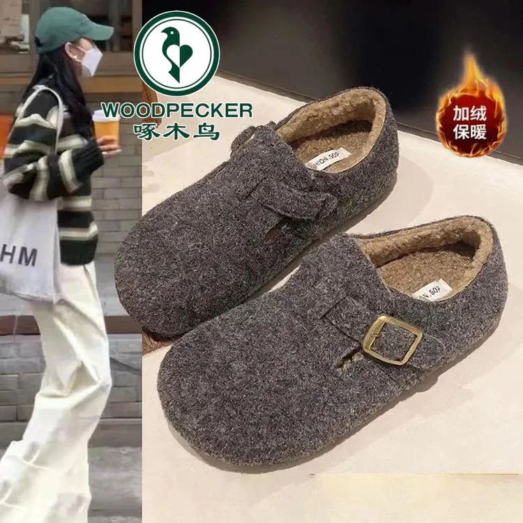 啄木鸟全包灰色加绒勃肯鞋女2025年秋冬一脚蹬懒人鞋保暖博肯棉鞋