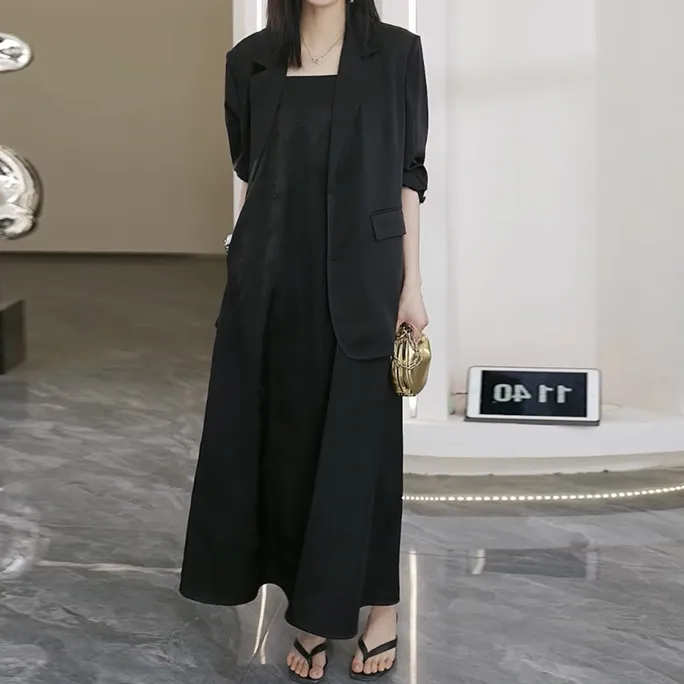 DouPB轻奢XZ135-薄款西装缎面后开衩职业通勤宽松显瘦长袖西服防