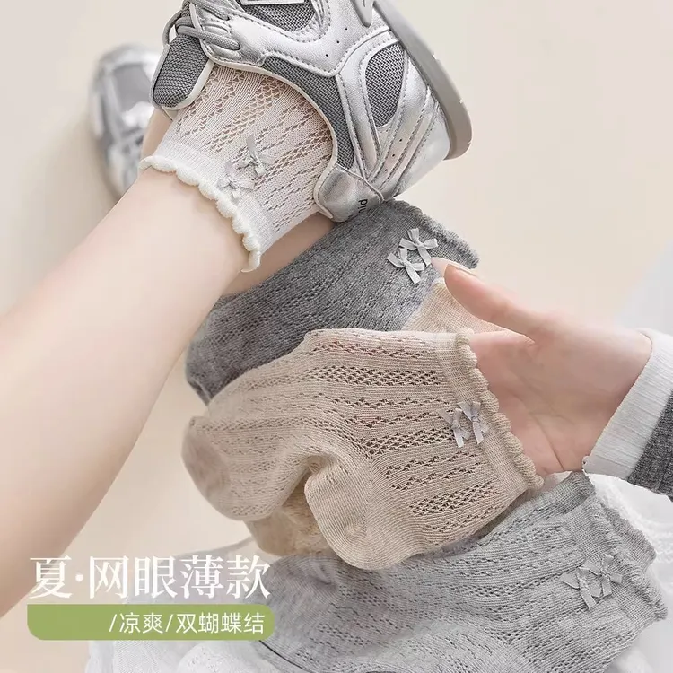 蝴蝶结袜子女夏季薄款网眼透气芭蕾风中筒夏天miu风无骨花边短袜
