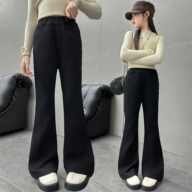 女童弹力喇叭裤子显瘦春秋高腰直筒黑色微喇叭秋冬休闲中大童加绒