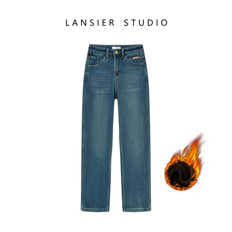 25秋冬加绒款弹力黛绿时尚胖mm显瘦中高腰百搭窄版直筒牛仔裤1012