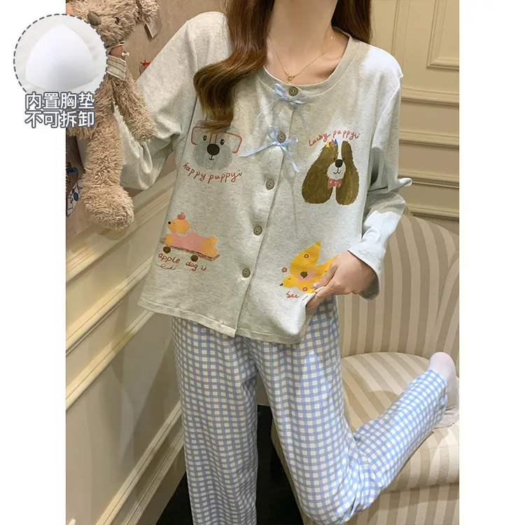 睡衣女款爆款2025新款宽松大码春秋季可外穿带胸垫长袖家居服套装