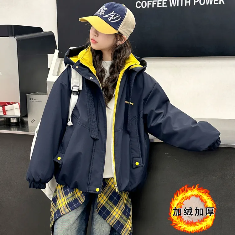 女童外套加绒冬装夹棉派克服2025新款加厚女孩上衣学生中大童装