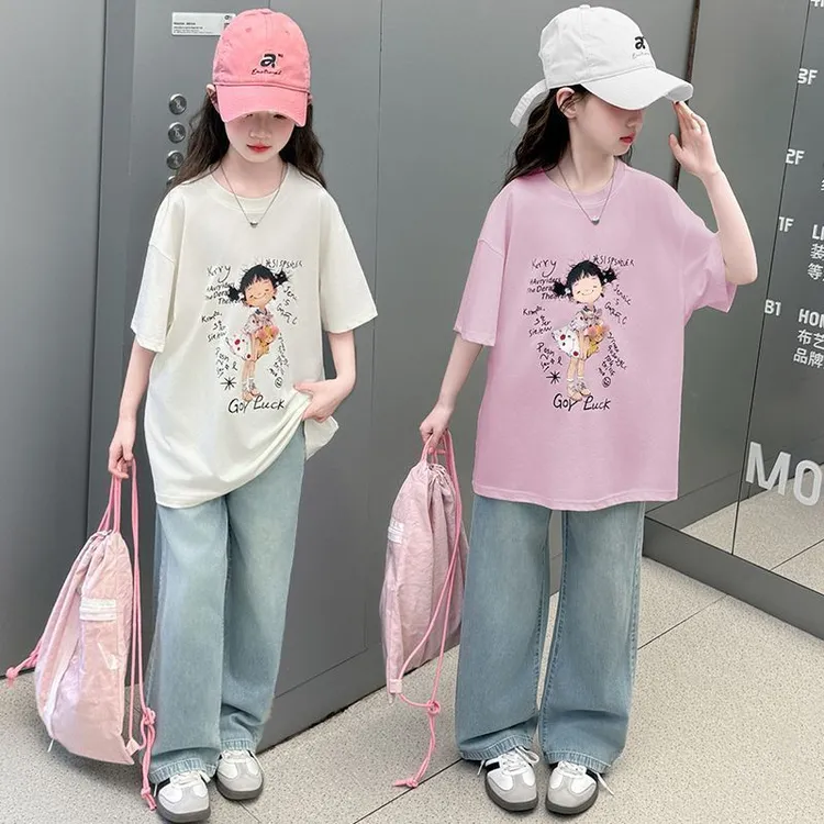 女童套装2025夏季新款儿童洋气时髦短袖T恤牛仔裤夏装两件套外穿