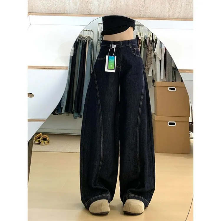 深蓝色美式复古弯刀阔腿牛仔裤女设计感高腰显瘦宽松直筒拖地长裤