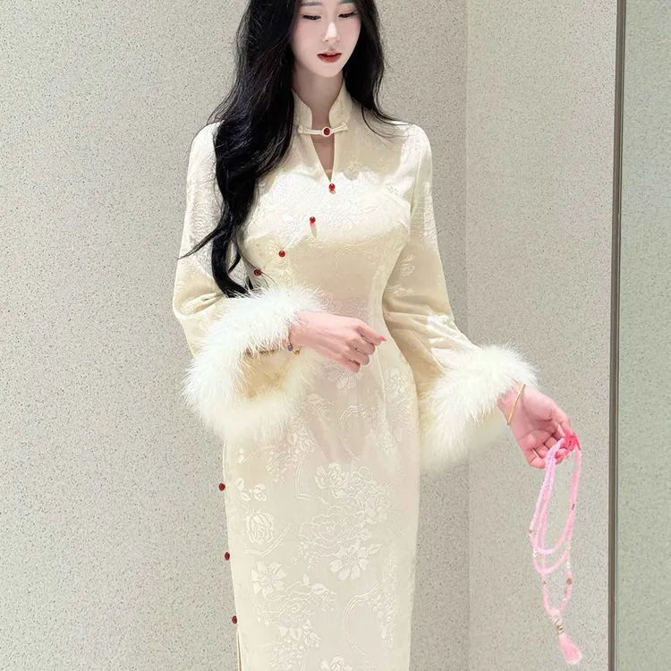 【淡极生艳】自制25年秋冬款温柔珠光厚款显瘦秋冬款旗袍淡极生艳