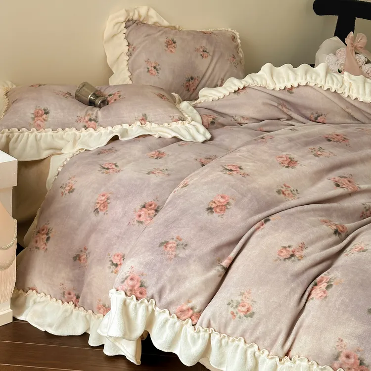 法式高级感印花冬天牛奶绒四件套加绒保暖被套加厚公主风床上用品