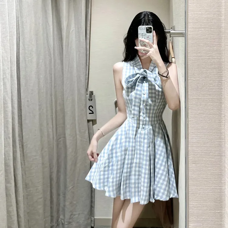 4145蓝色无袖v领格子连衣裙小个子女法式甜美公主百褶短裙夏