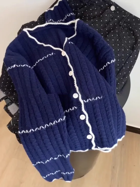 韩系条纹v领长袖宽松针织毛衣开衫外套女早秋季短款慵懒风高级感